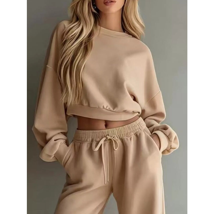 Round Neck Cropped Sweatshirt and Wide-Leg Pants Apparel and Accessories