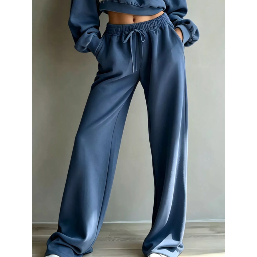 Round Neck Cropped Sweatshirt and Wide-Leg Pants Apparel and Accessories