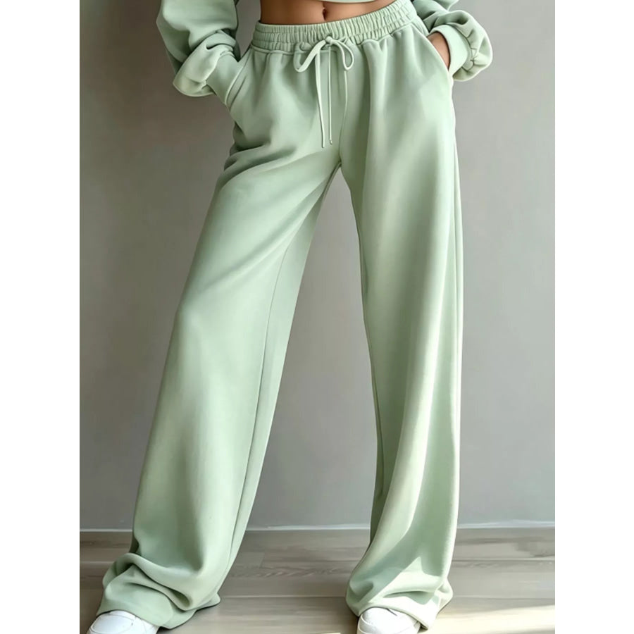 Round Neck Cropped Sweatshirt and Wide-Leg Pants Apparel and Accessories