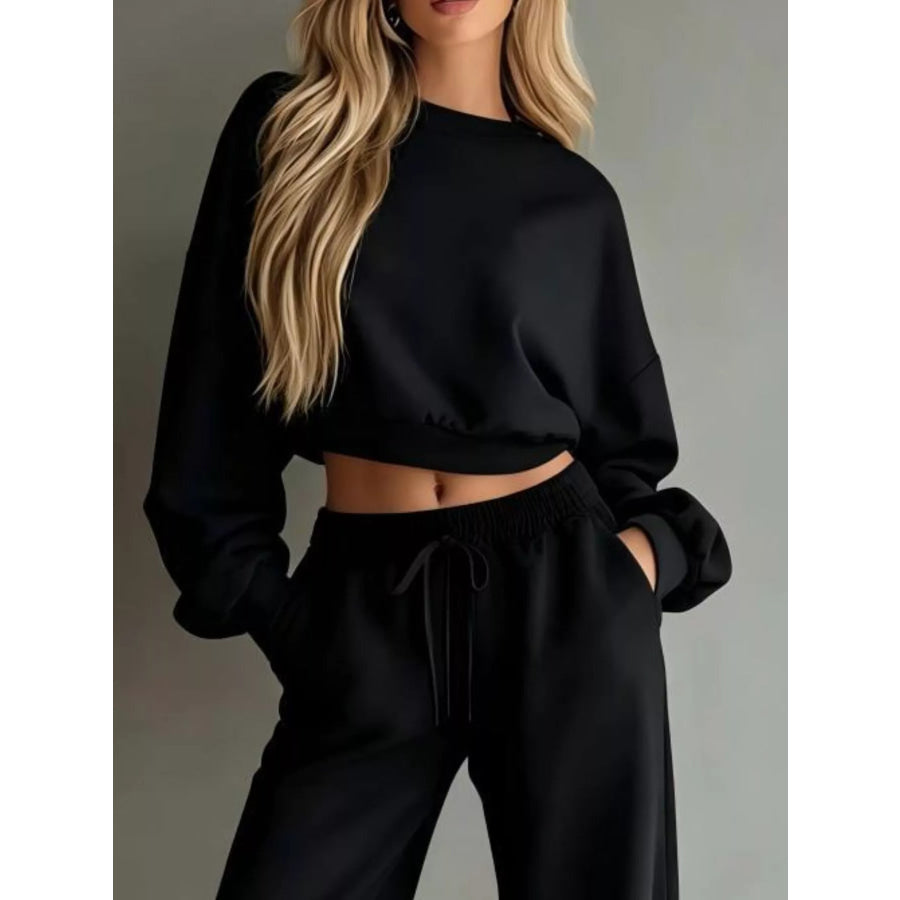 Round Neck Cropped Sweatshirt and Wide-Leg Pants Apparel and Accessories