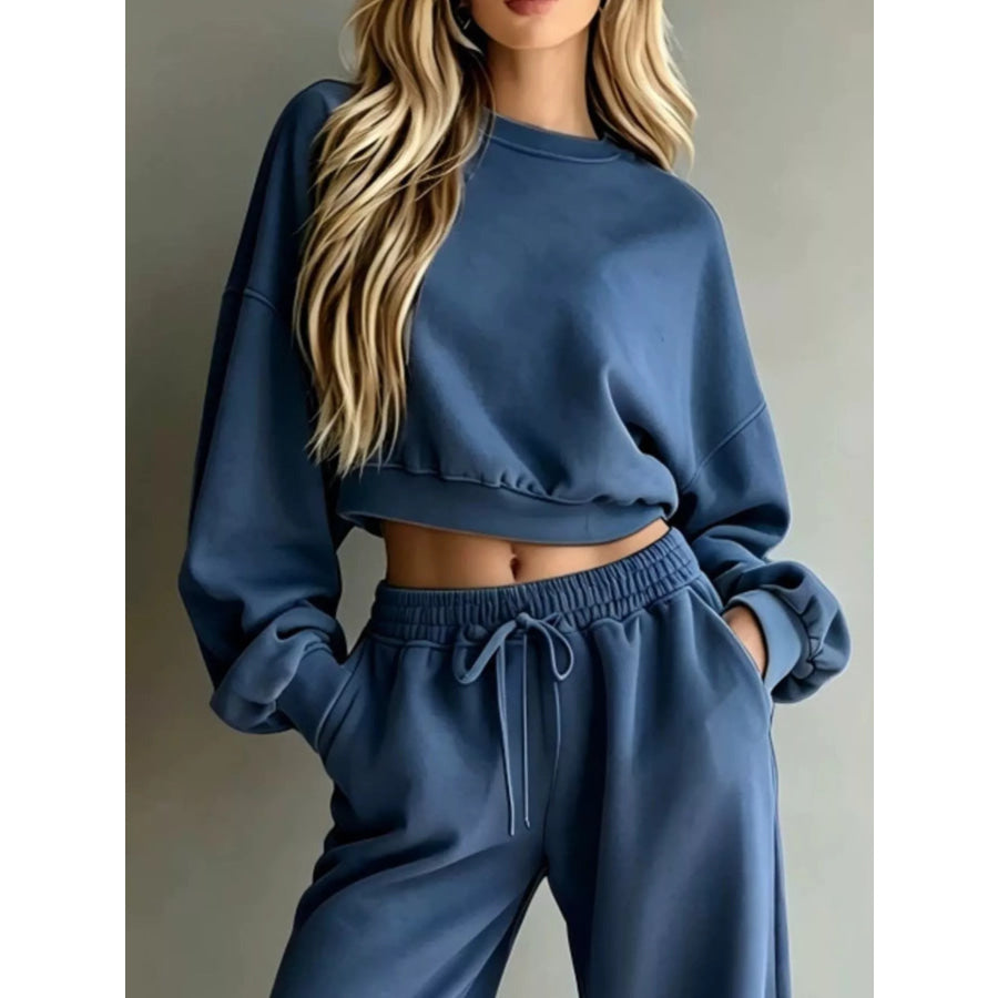 Round Neck Cropped Sweatshirt and Wide-Leg Pants Apparel and Accessories