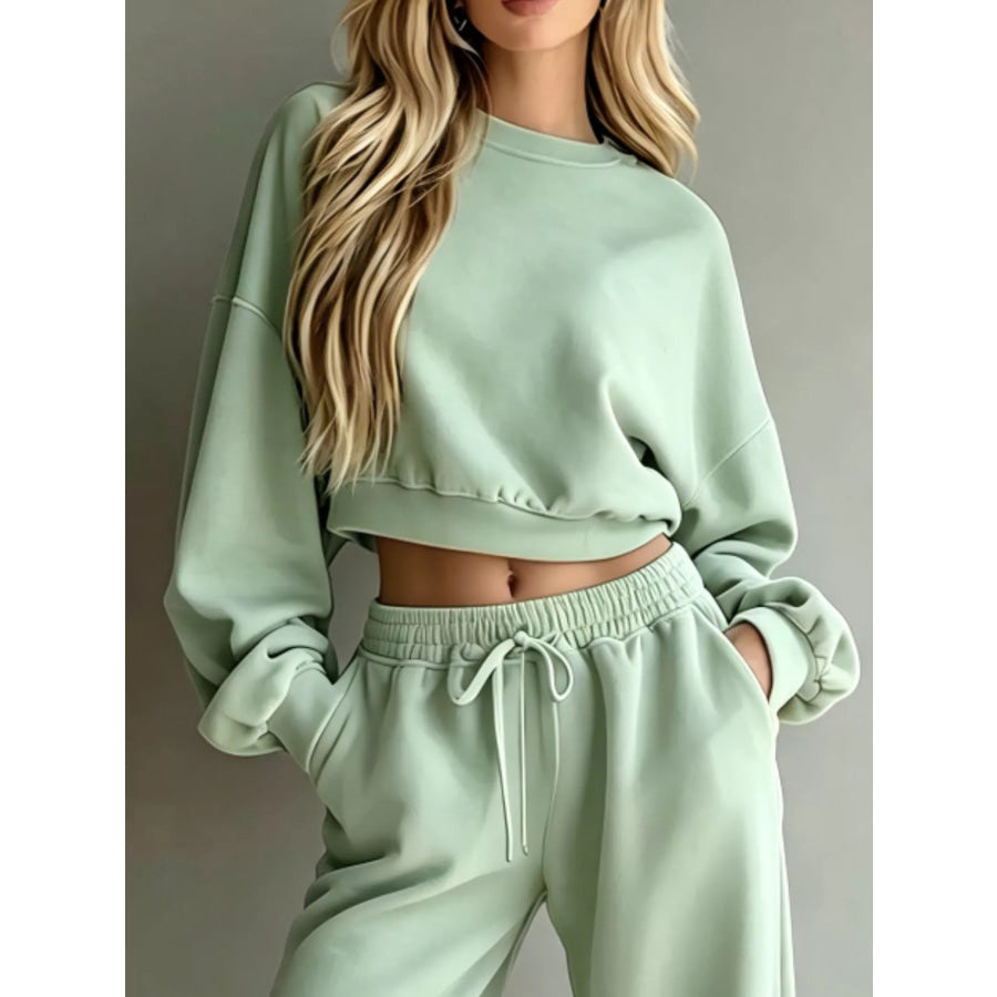 Round Neck Cropped Sweatshirt and Wide-Leg Pants Apparel and Accessories