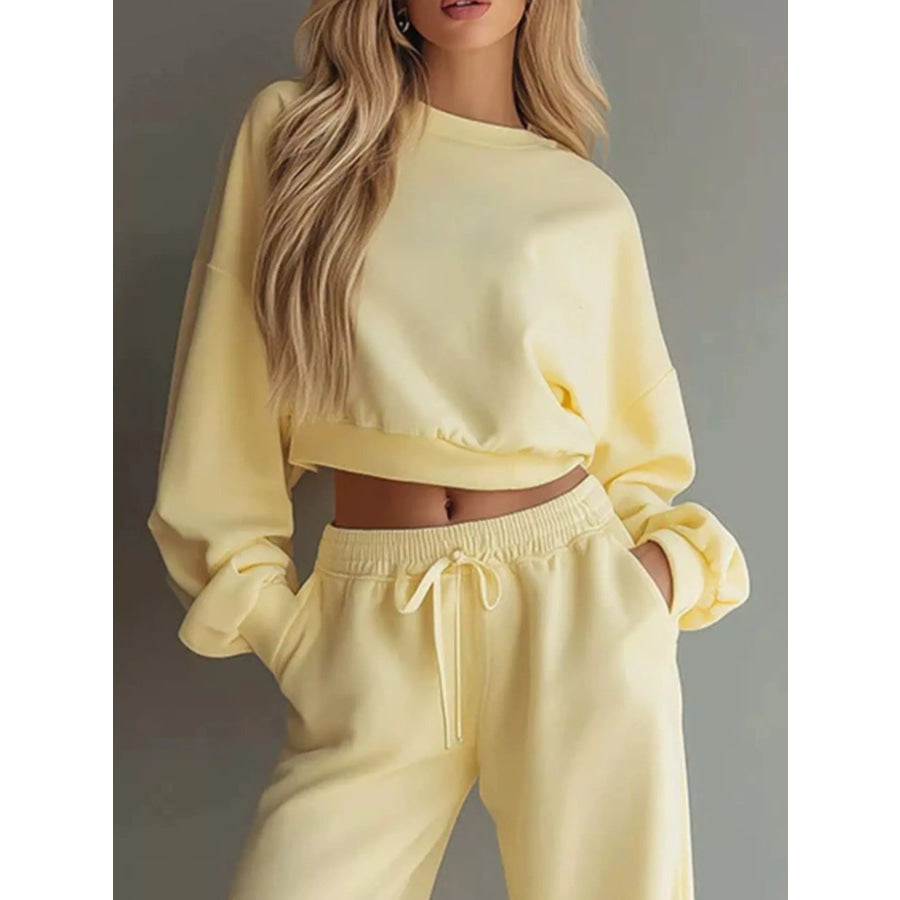 Round Neck Cropped Sweatshirt and Wide-Leg Pants Apparel and Accessories