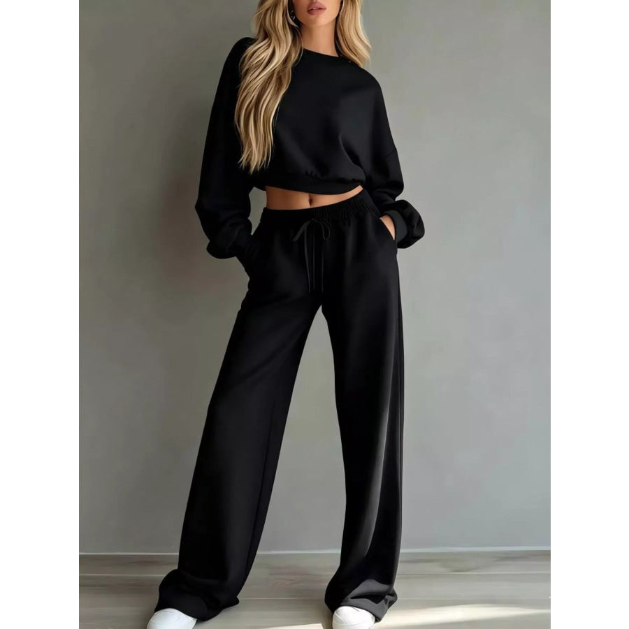 Round Neck Cropped Sweatshirt and Wide-Leg Pants Black / XS Apparel and Accessories