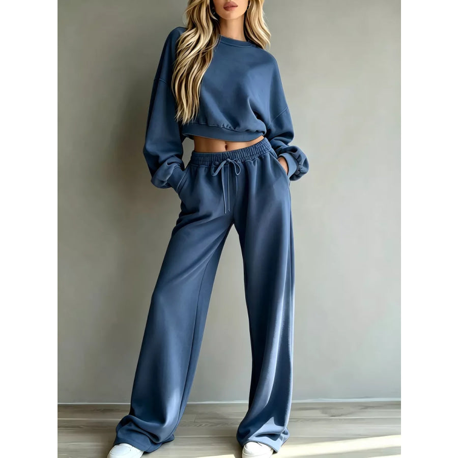 Round Neck Cropped Sweatshirt and Wide-Leg Pants Blue / XS Apparel and Accessories