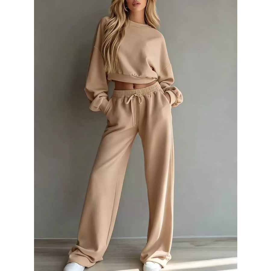 Round Neck Cropped Sweatshirt and Wide-Leg Pants Khaki / XS Apparel and Accessories