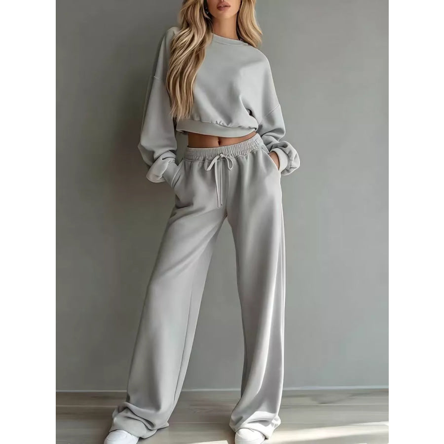 Round Neck Cropped Sweatshirt and Wide-Leg Pants Light Gray / XS Apparel and Accessories