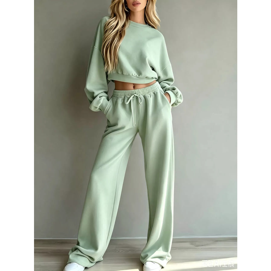 Round Neck Cropped Sweatshirt and Wide-Leg Pants Light Green / XS Apparel and Accessories