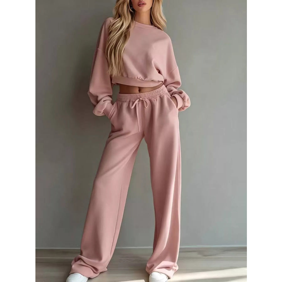 Round Neck Cropped Sweatshirt and Wide-Leg Pants Pink / XS Apparel and Accessories