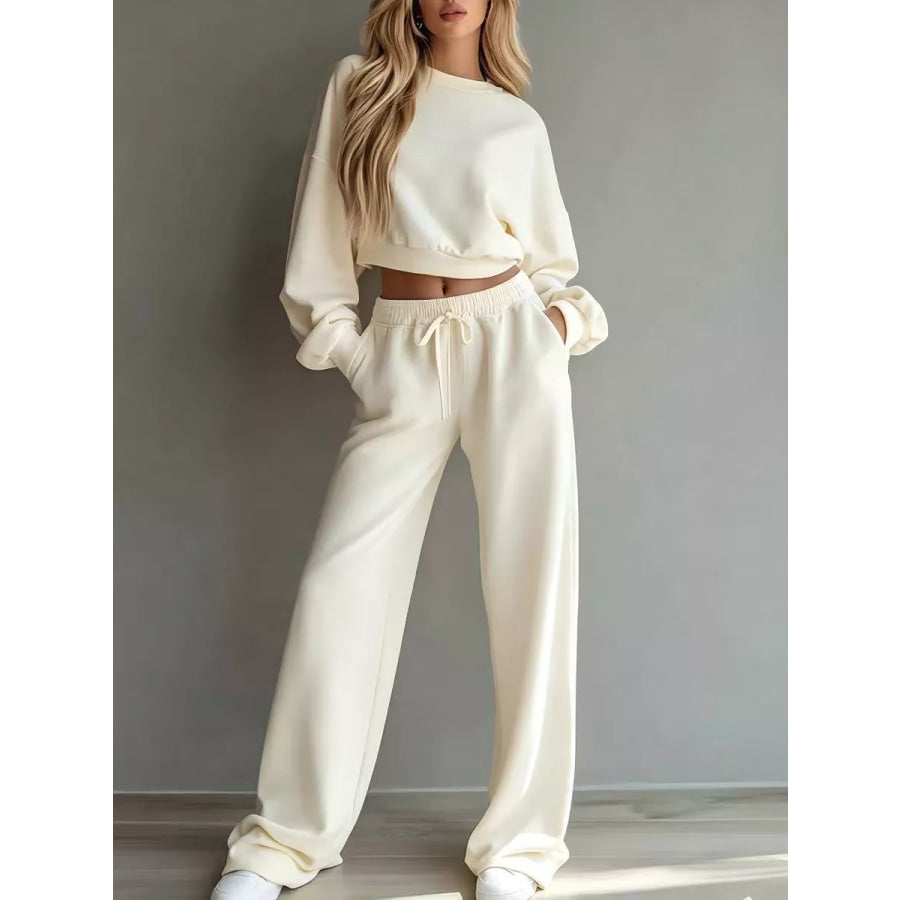 Round Neck Cropped Sweatshirt and Wide-Leg Pants White / XS Apparel and Accessories
