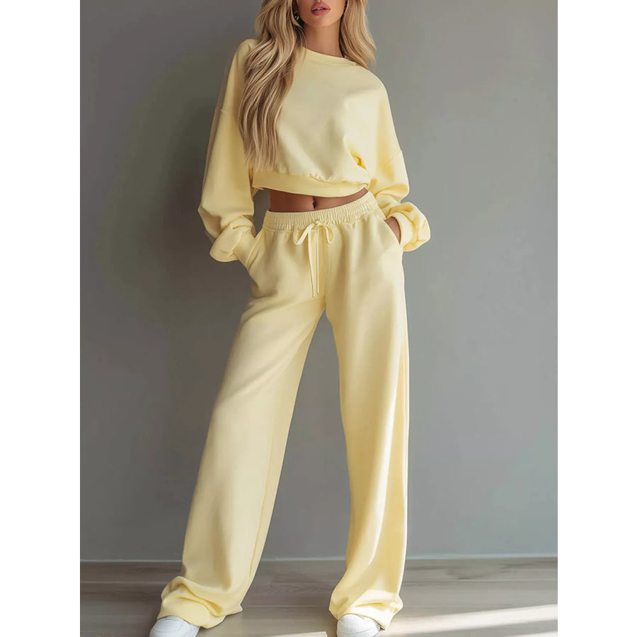 Round Neck Cropped Sweatshirt and Wide-Leg Pants Yellow / XS Apparel and Accessories
