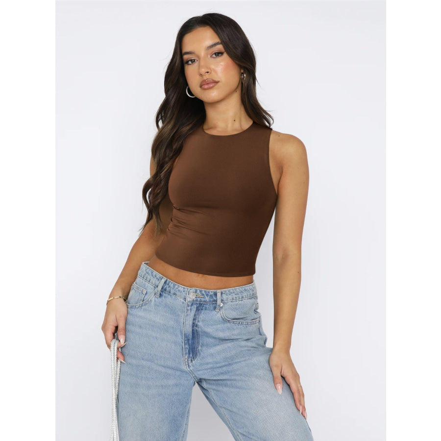 Round Neck Cropped Tank Chocolate / XS Apparel and Accessories