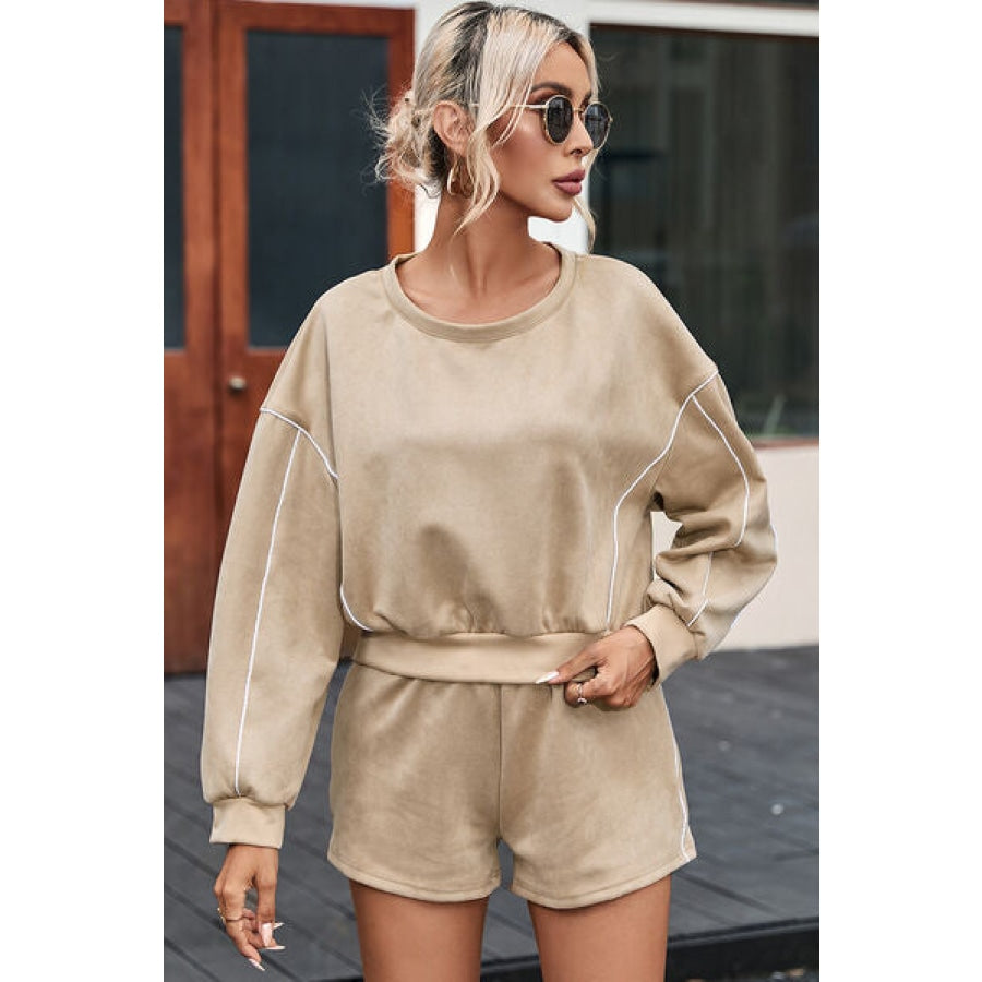 Round Neck Cropped Top and Shorts Set Camel / S Clothing