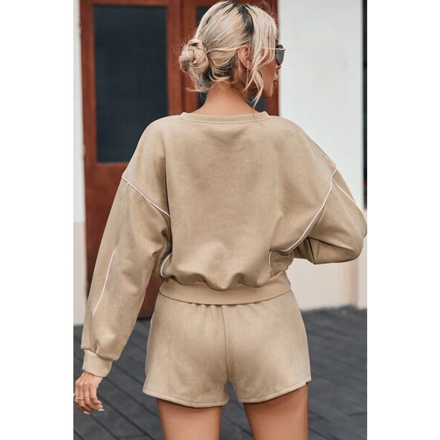 Round Neck Cropped Top and Shorts Set Camel / S Clothing