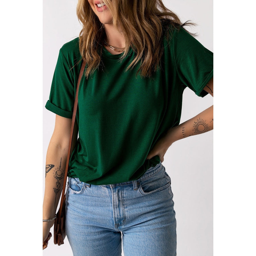 Round Neck Cuffed Short Sleeve Tee Green / S