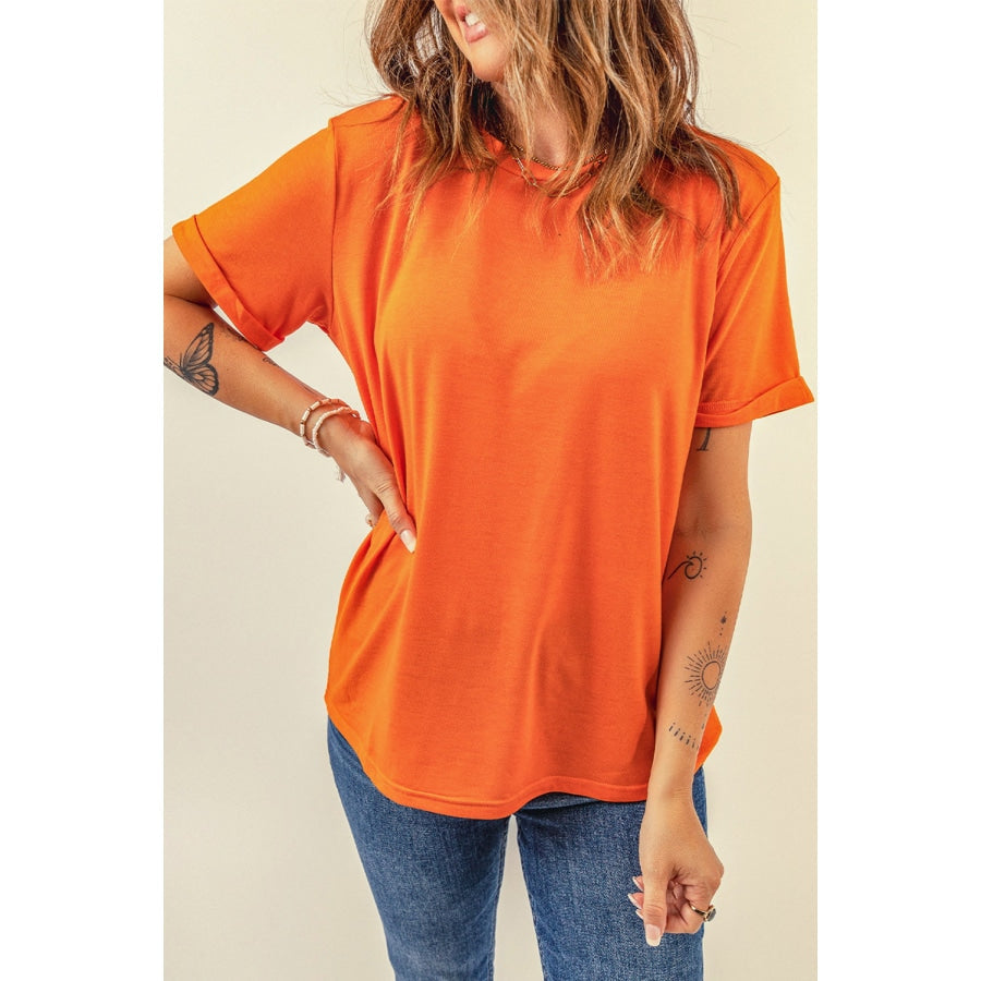 Round Neck Cuffed Short Sleeve Tee Orange / S