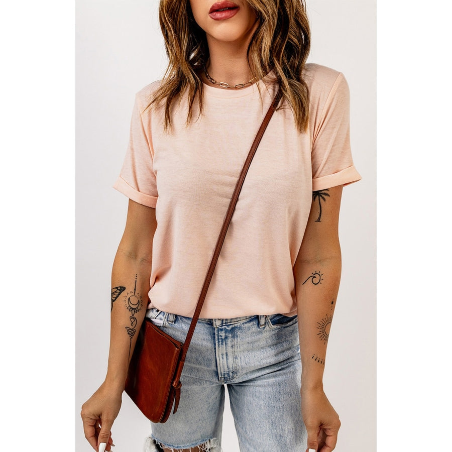 Round Neck Cuffed Short Sleeve Tee Pink / 2XL