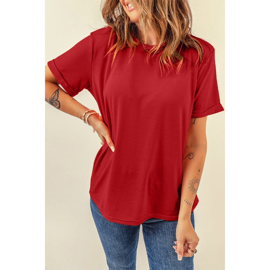 Round Neck Cuffed Short Sleeve Tee Red / S