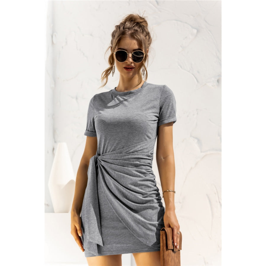 Round Neck Cuffed Sleeve Side Tie Dress