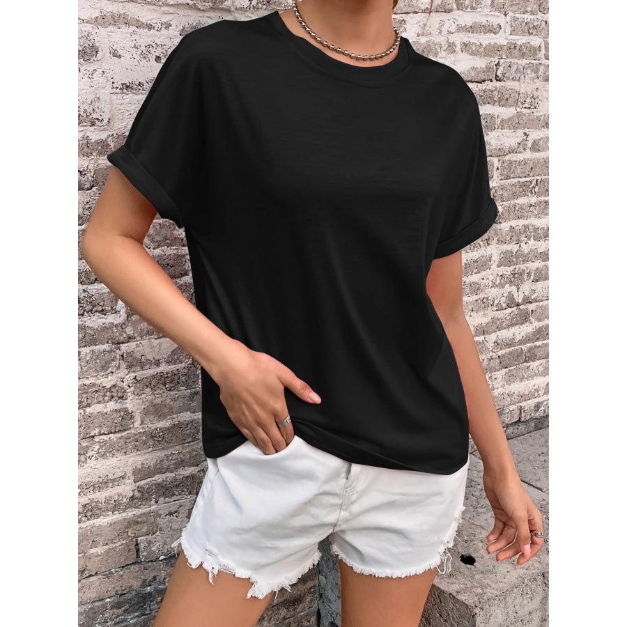 Round Neck Cuffed Sleeve T-Shirt Black / XS