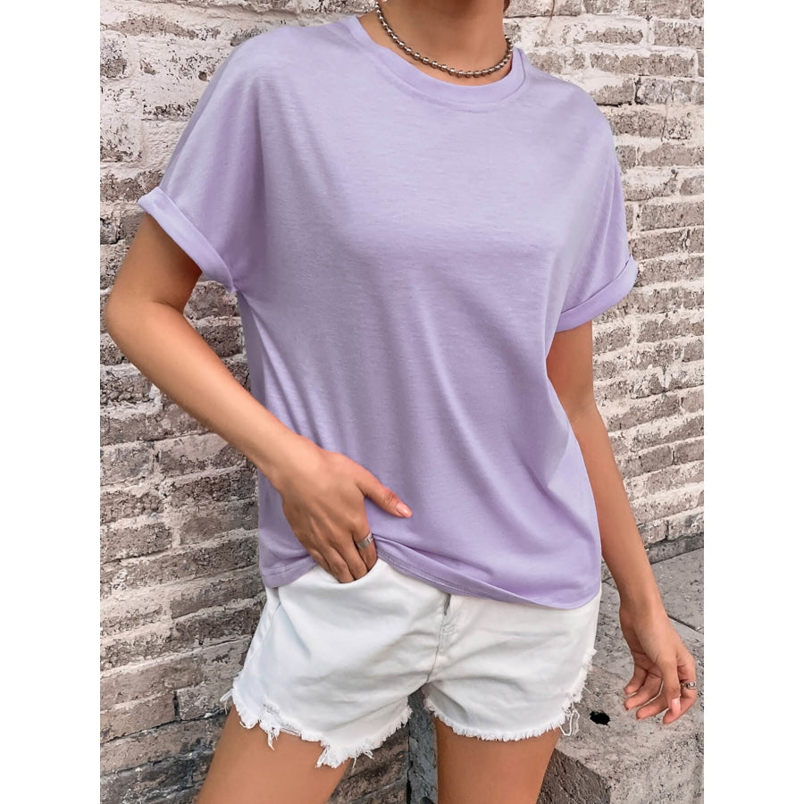 Round Neck Cuffed Sleeve T-Shirt Purple / XS