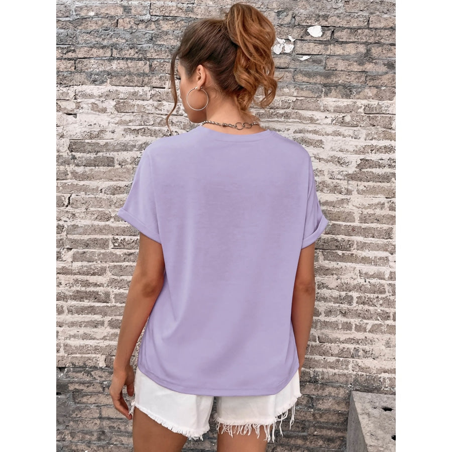 Round Neck Cuffed Sleeve T-Shirt Purple / XS