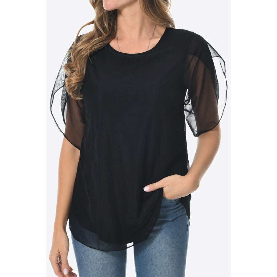 Round Neck Curved Hem Blouse Black / M