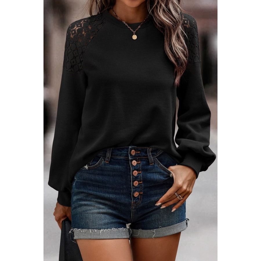 Round Neck Cutout Designed Lantern Sleeve Top Black / L Clothing