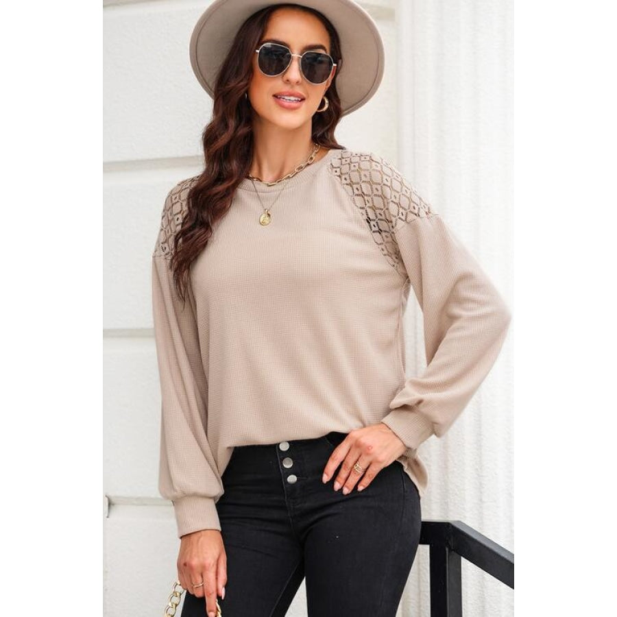 Round Neck Cutout Designed Lantern Sleeve Top Clothing