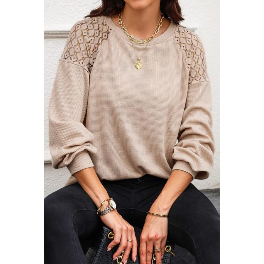 Round Neck Cutout Designed Lantern Sleeve Top Clothing