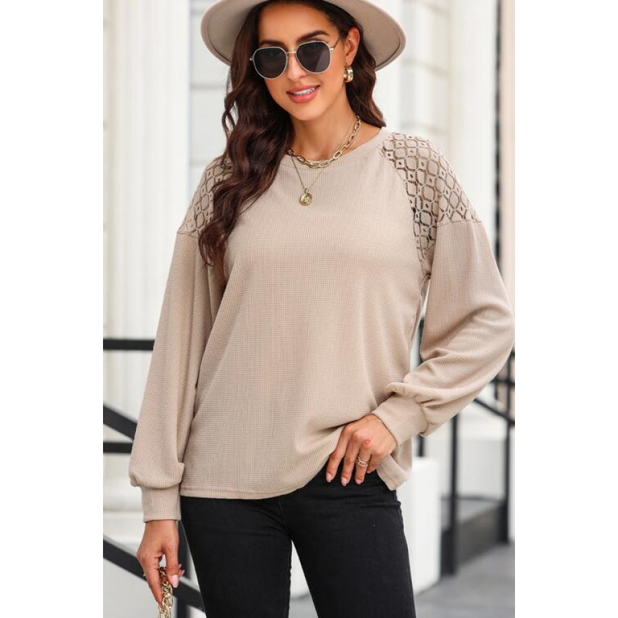 Round Neck Cutout Designed Lantern Sleeve Top Khaki / S Clothing