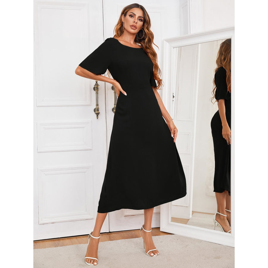 Round Neck Cutout Half Sleeve Dress Black / S