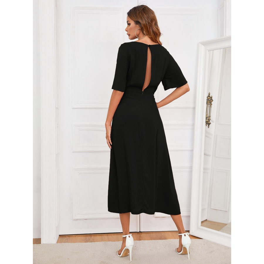 Round Neck Cutout Half Sleeve Dress Black / S