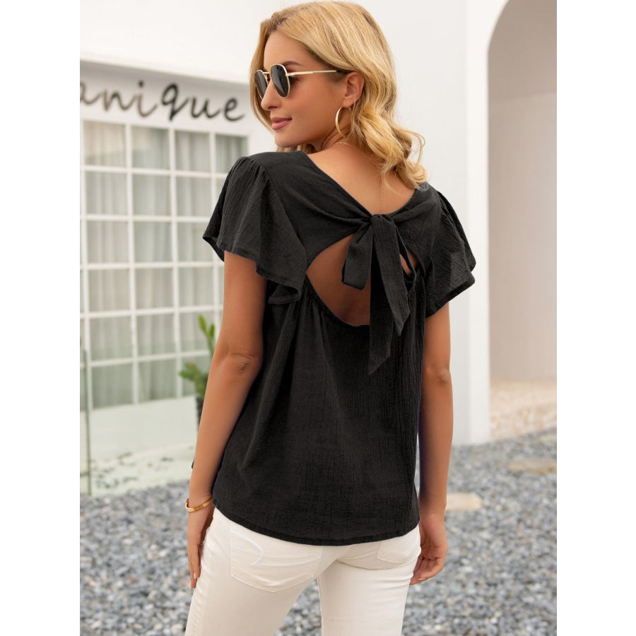 Round Neck Cutout Tie Back Top Black / S