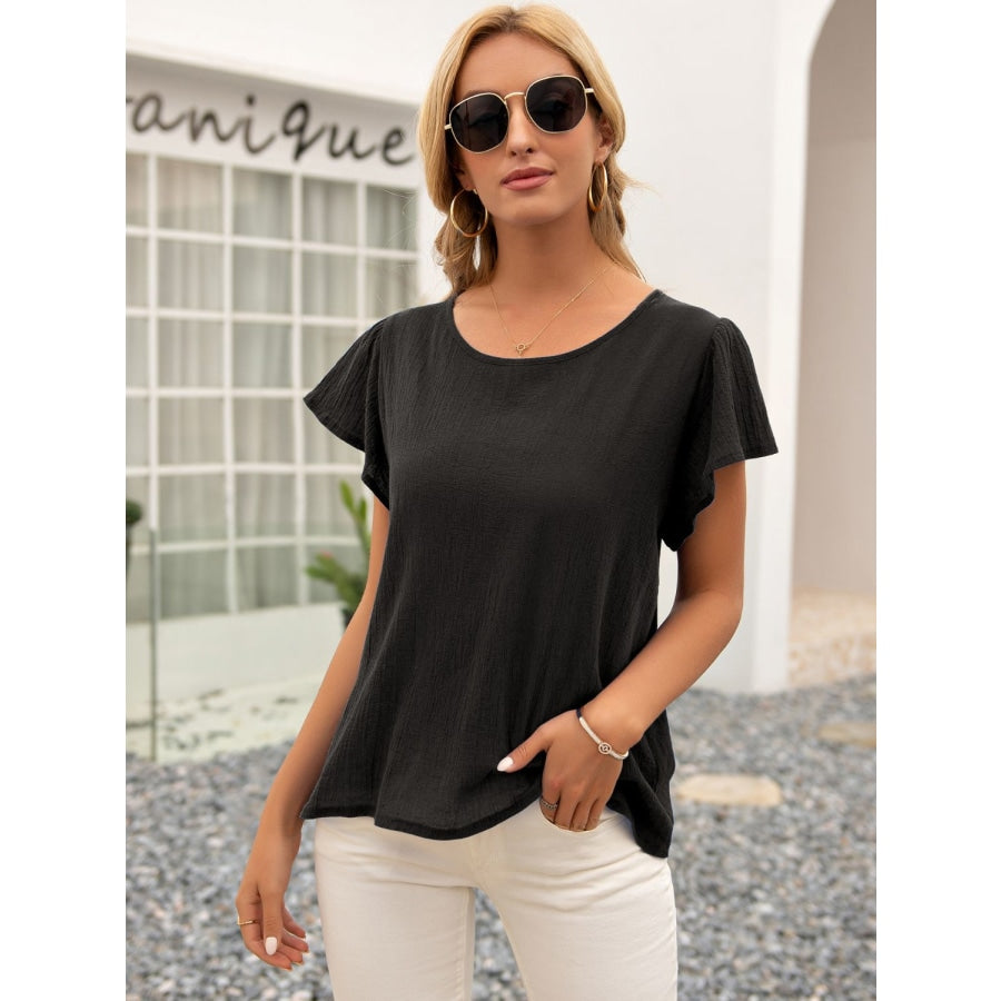 Round Neck Cutout Tie Back Top Black / S