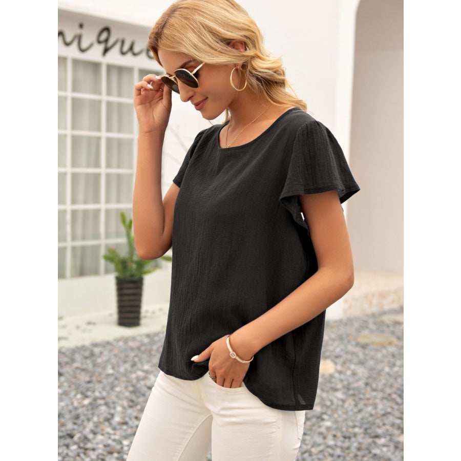 Round Neck Cutout Tie Back Top