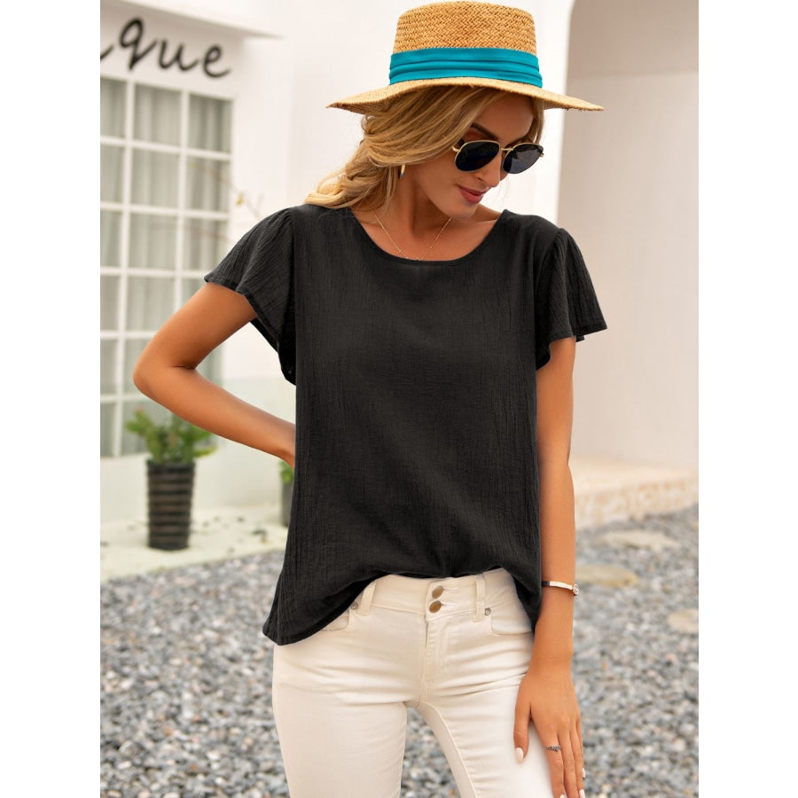 Round Neck Cutout Tie Back Top