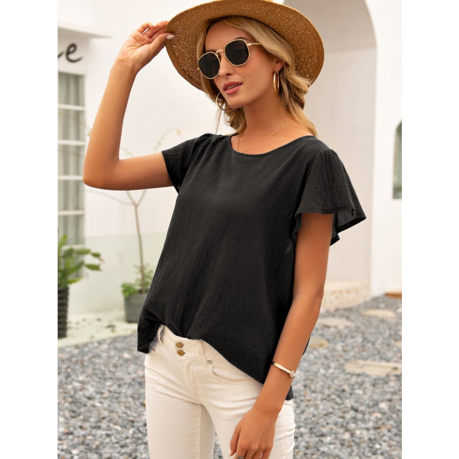 Round Neck Cutout Tie Back Top