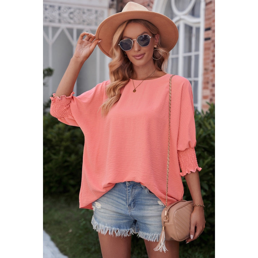 Round Neck Dolman Sleeve Textured Blouse Burnt Coral / S