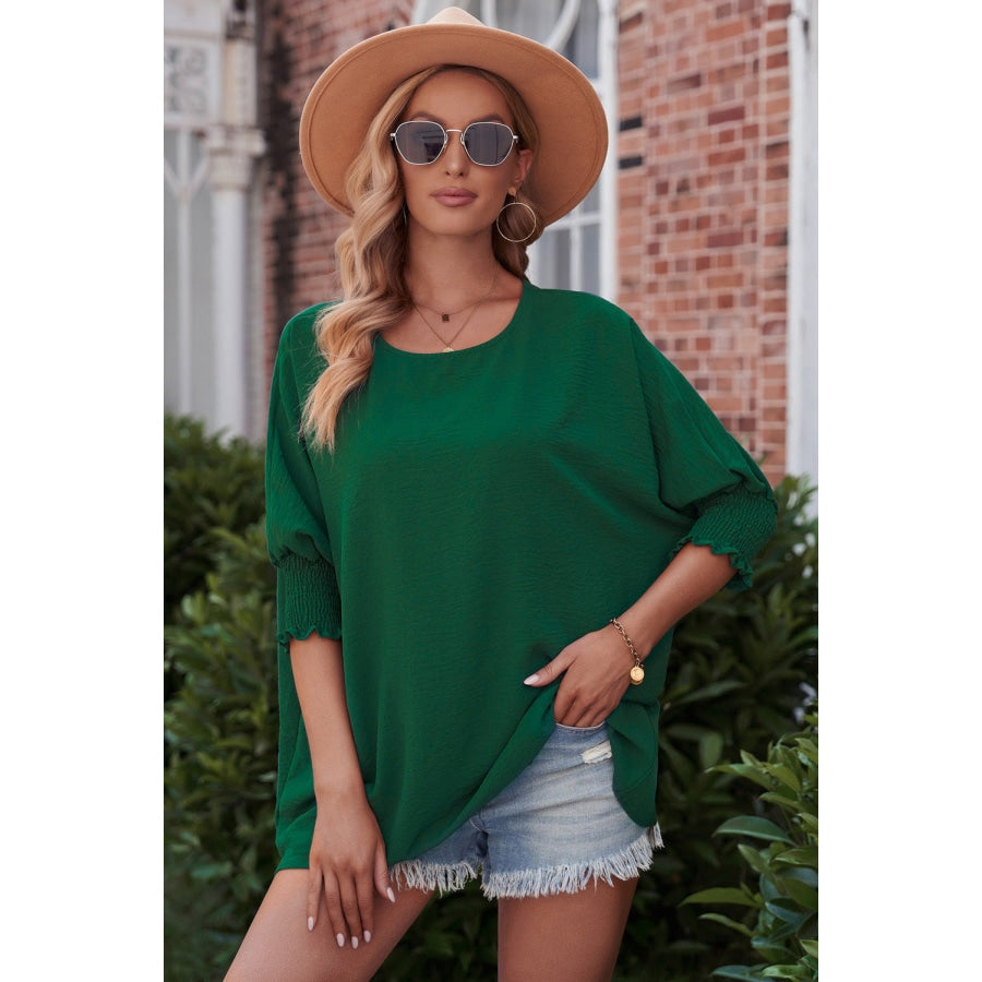 Round Neck Dolman Sleeve Textured Blouse Forest / S