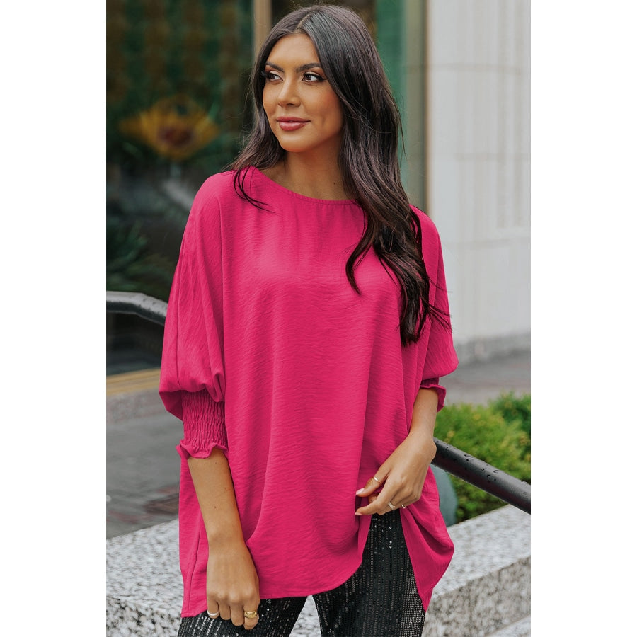 Round Neck Dolman Sleeve Textured Blouse Hot Pink / S