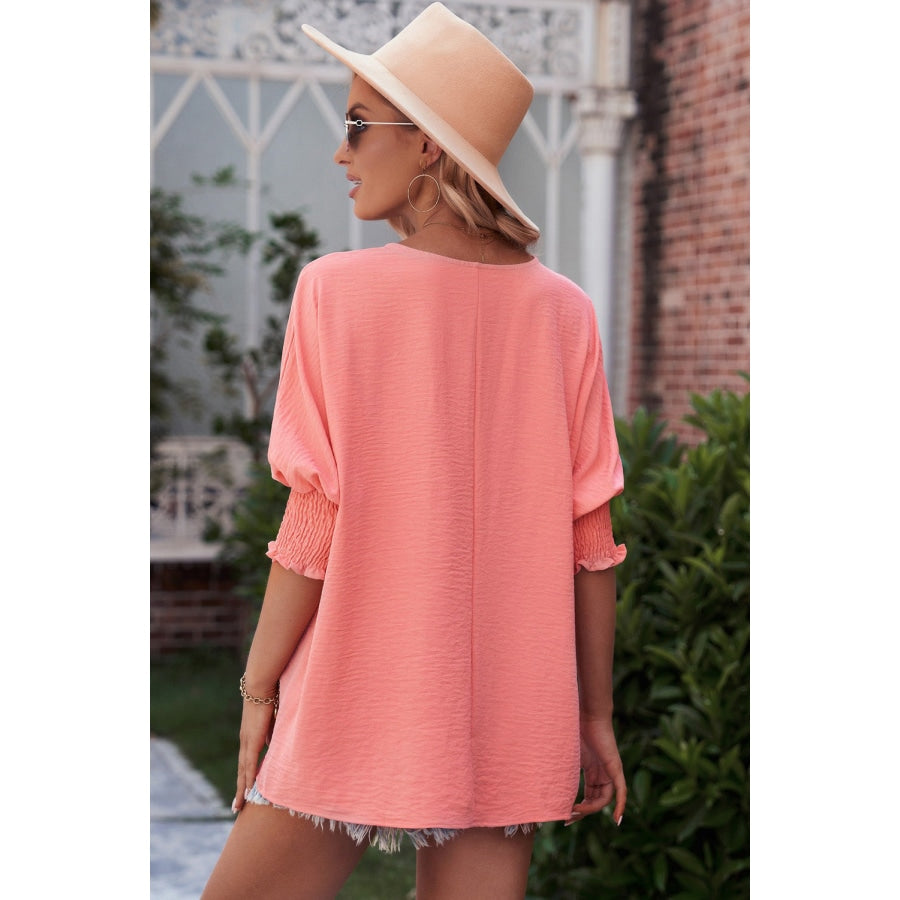 Round Neck Dolman Sleeve Textured Blouse