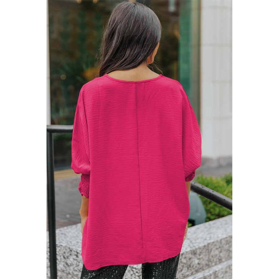 Round Neck Dolman Sleeve Textured Blouse Hot Pink / S