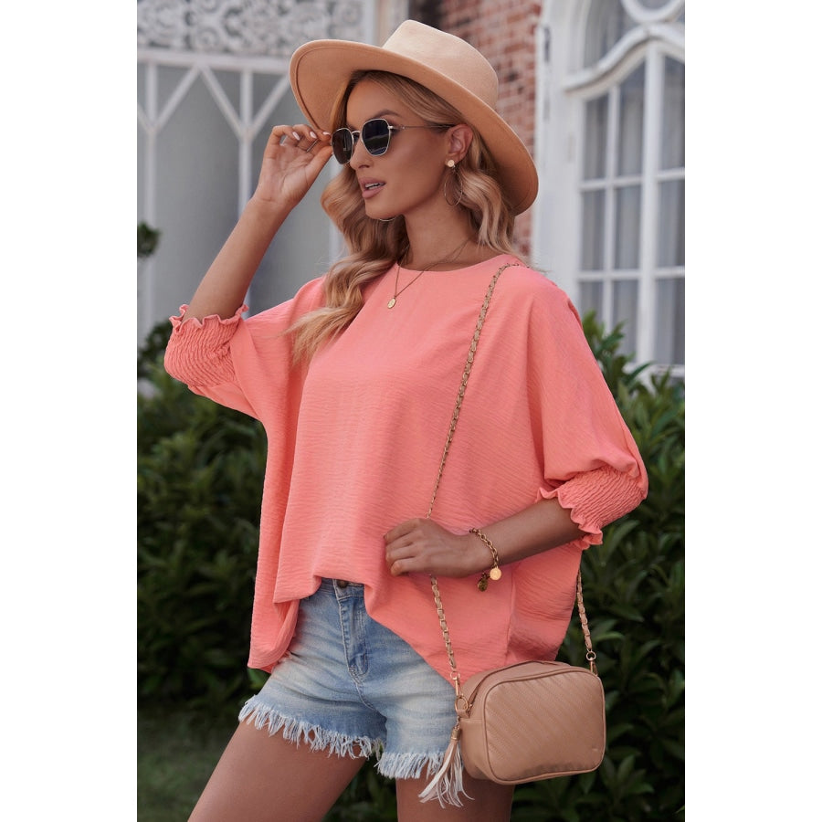 Round Neck Dolman Sleeve Textured Blouse