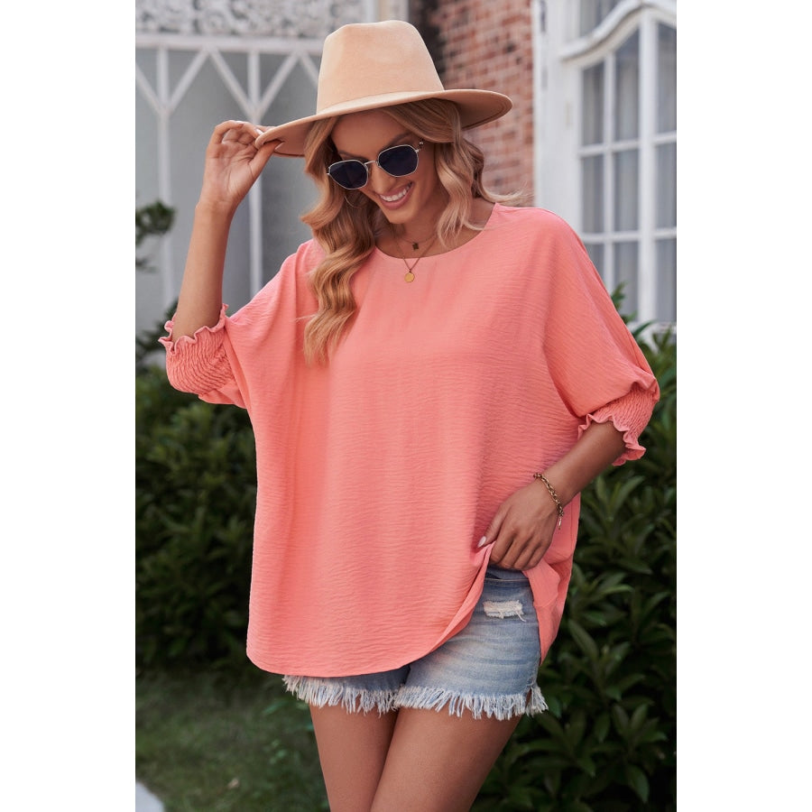 Round Neck Dolman Sleeve Textured Blouse