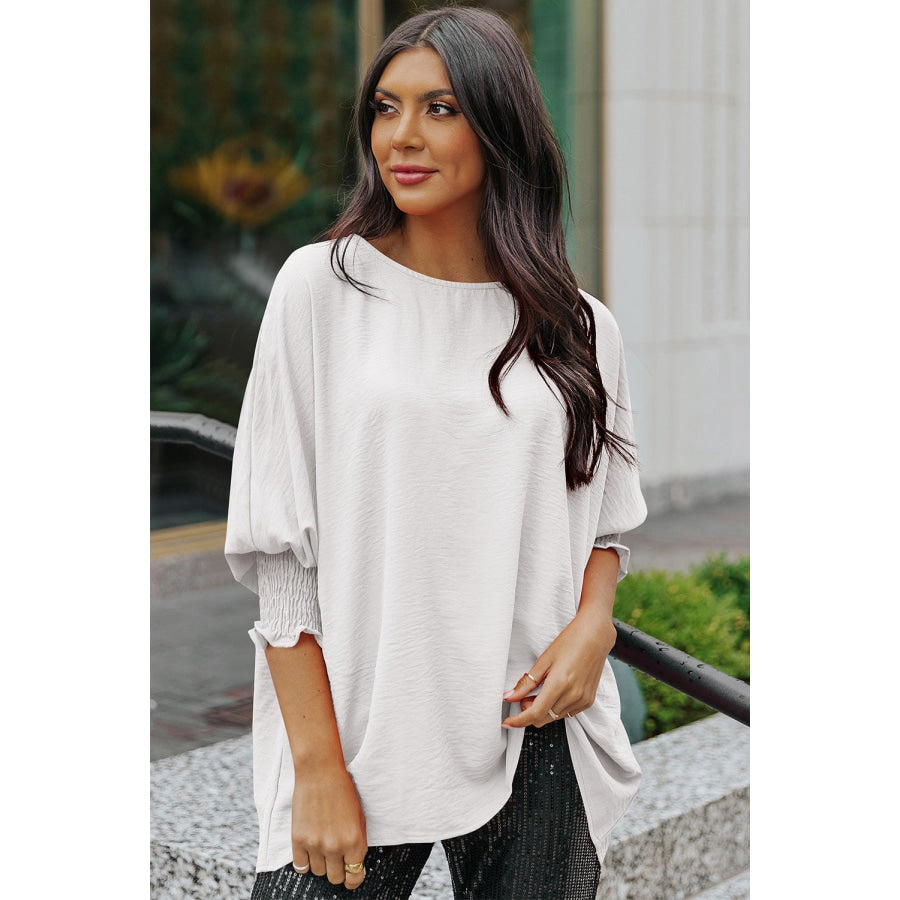 Round Neck Dolman Sleeve Textured Blouse White / S