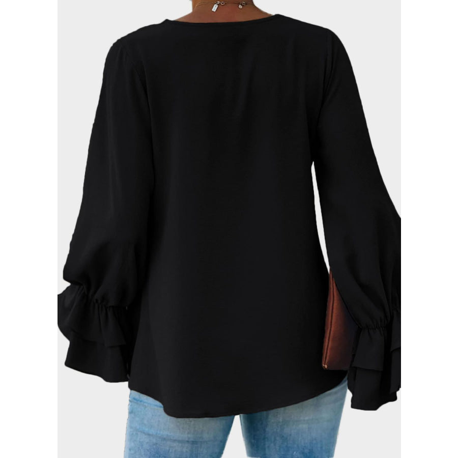 Round Neck Double-Layered Flounce Sleeve Top Apparel and Accessories