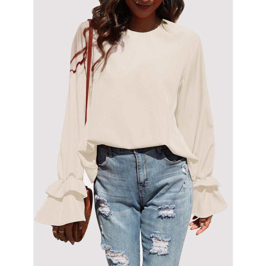 Round Neck Double-Layered Flounce Sleeve Top Apparel and Accessories