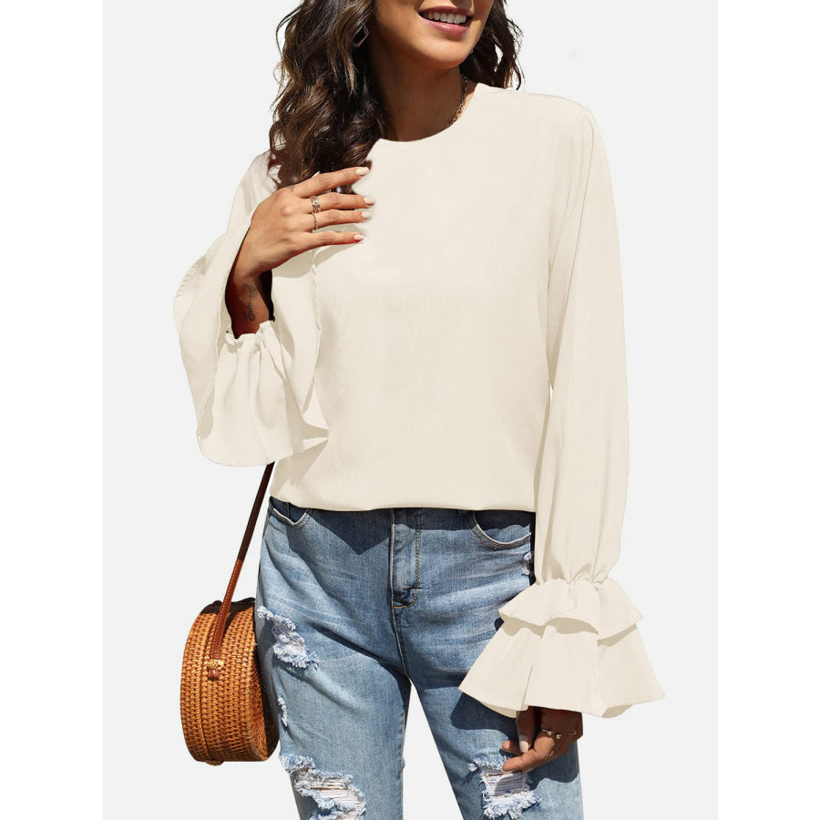 Round Neck Double-Layered Flounce Sleeve Top Apparel and Accessories