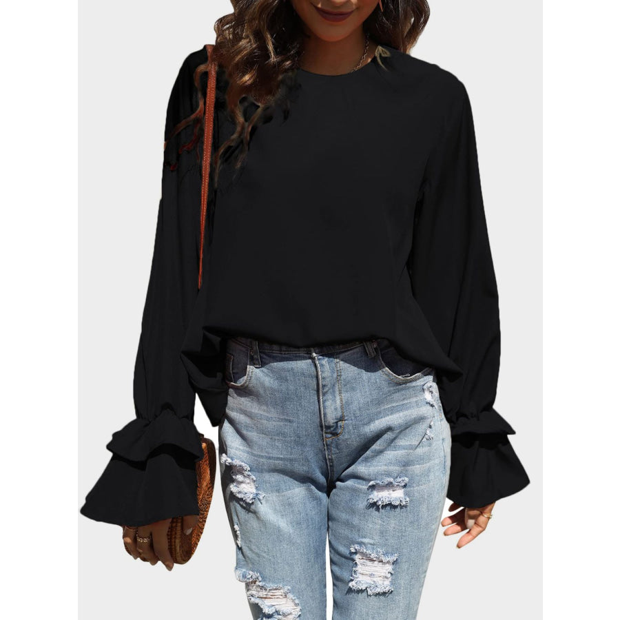 Round Neck Double-Layered Flounce Sleeve Top Apparel and Accessories